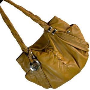 B. Makowsky Camel Leather Hobo w/ Braided Handle Magnetic Closure Leopard Lining